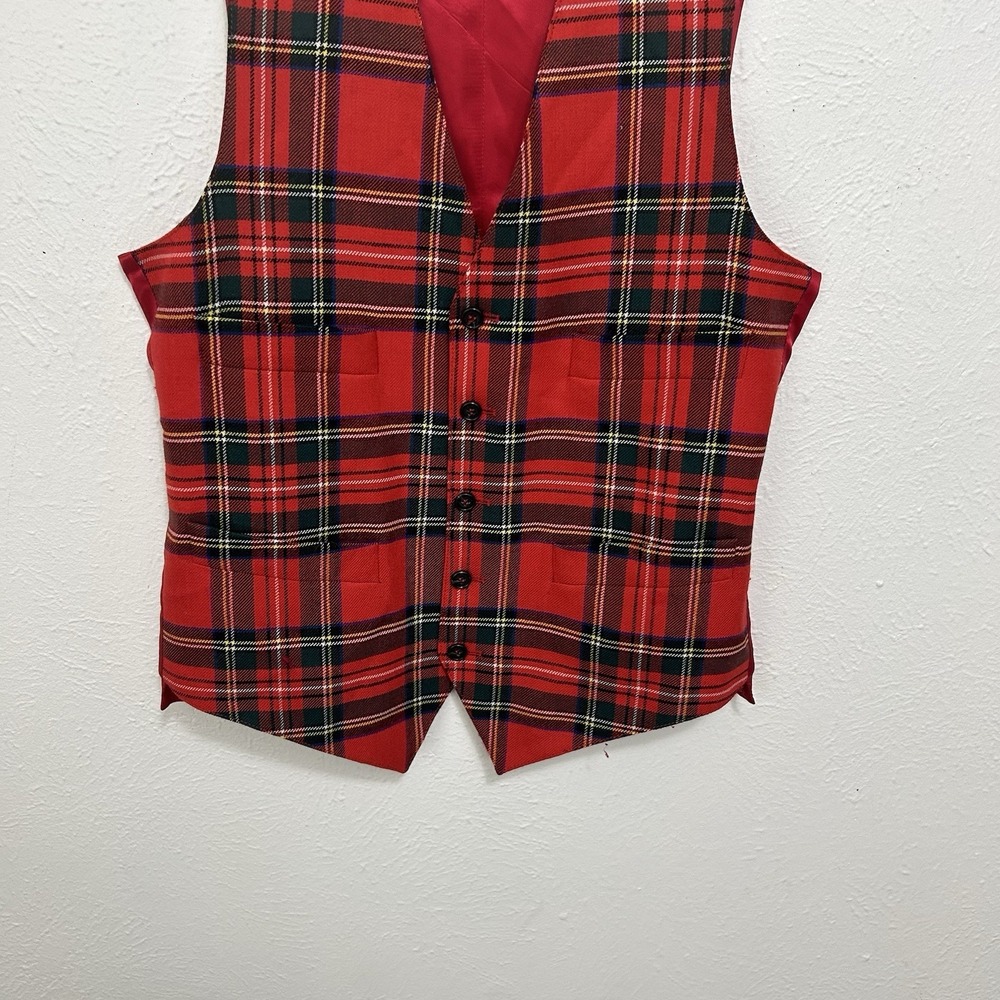 Peter Christian Wool Waistcoat Vest Red Tartan Plaid 5 Button John Hanly Sz 36R - Picture 4 of 9